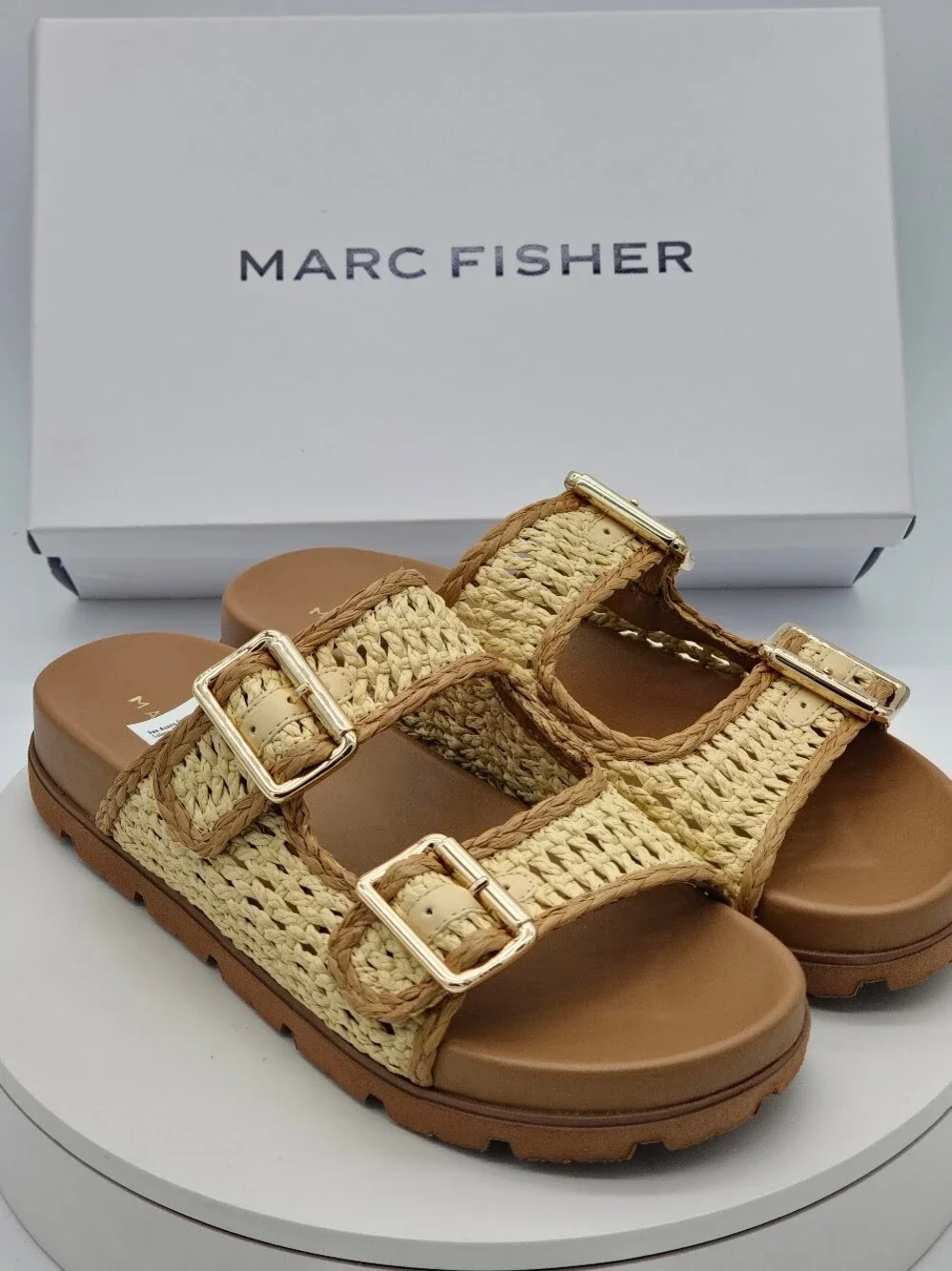 Marc Fisher Mylan Woven Buckle Slide Sandals Women’s Size 9.5 Medium Natural